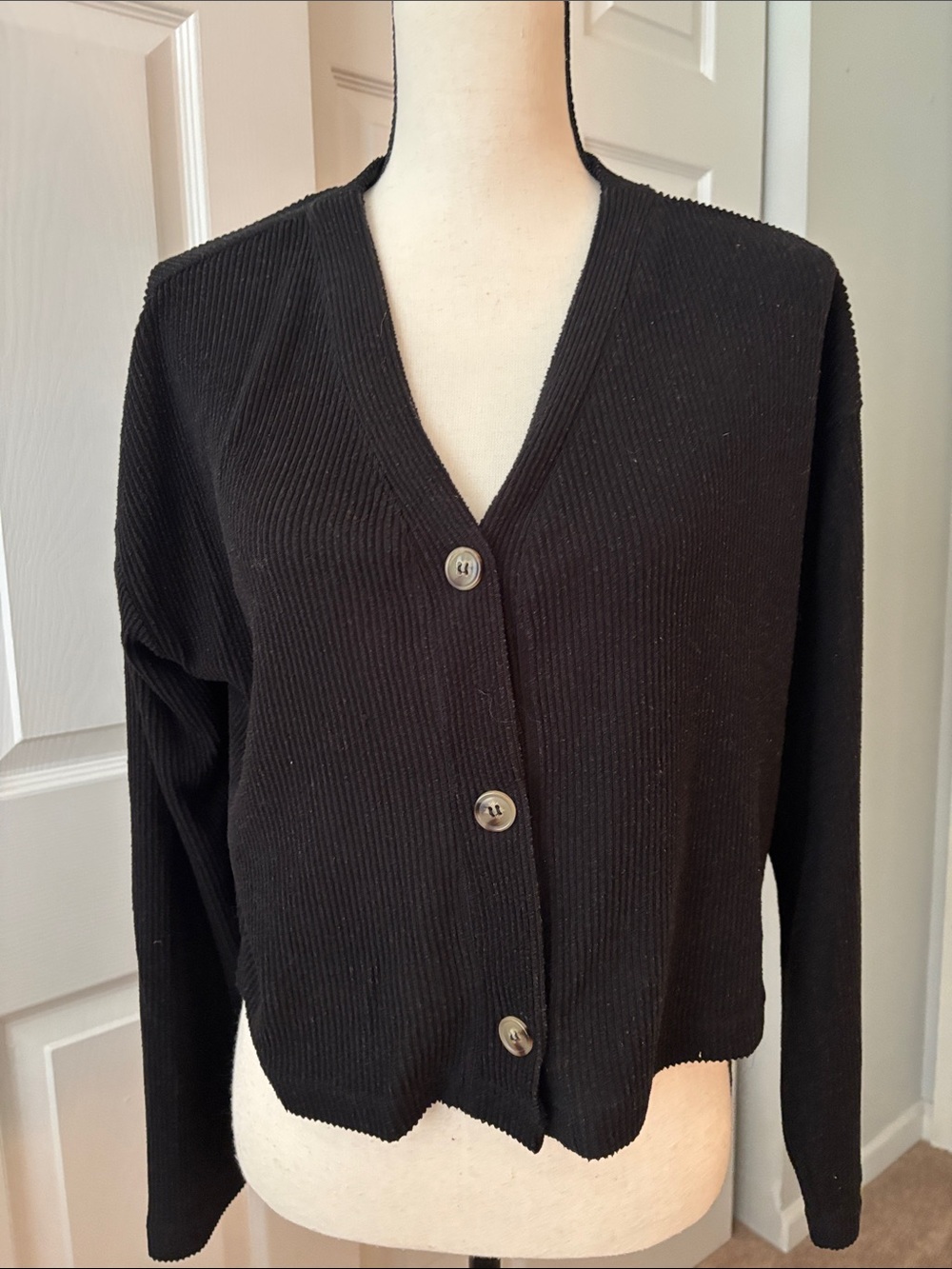 Black V-Neck Ribbed Button-Front Women's Sweater